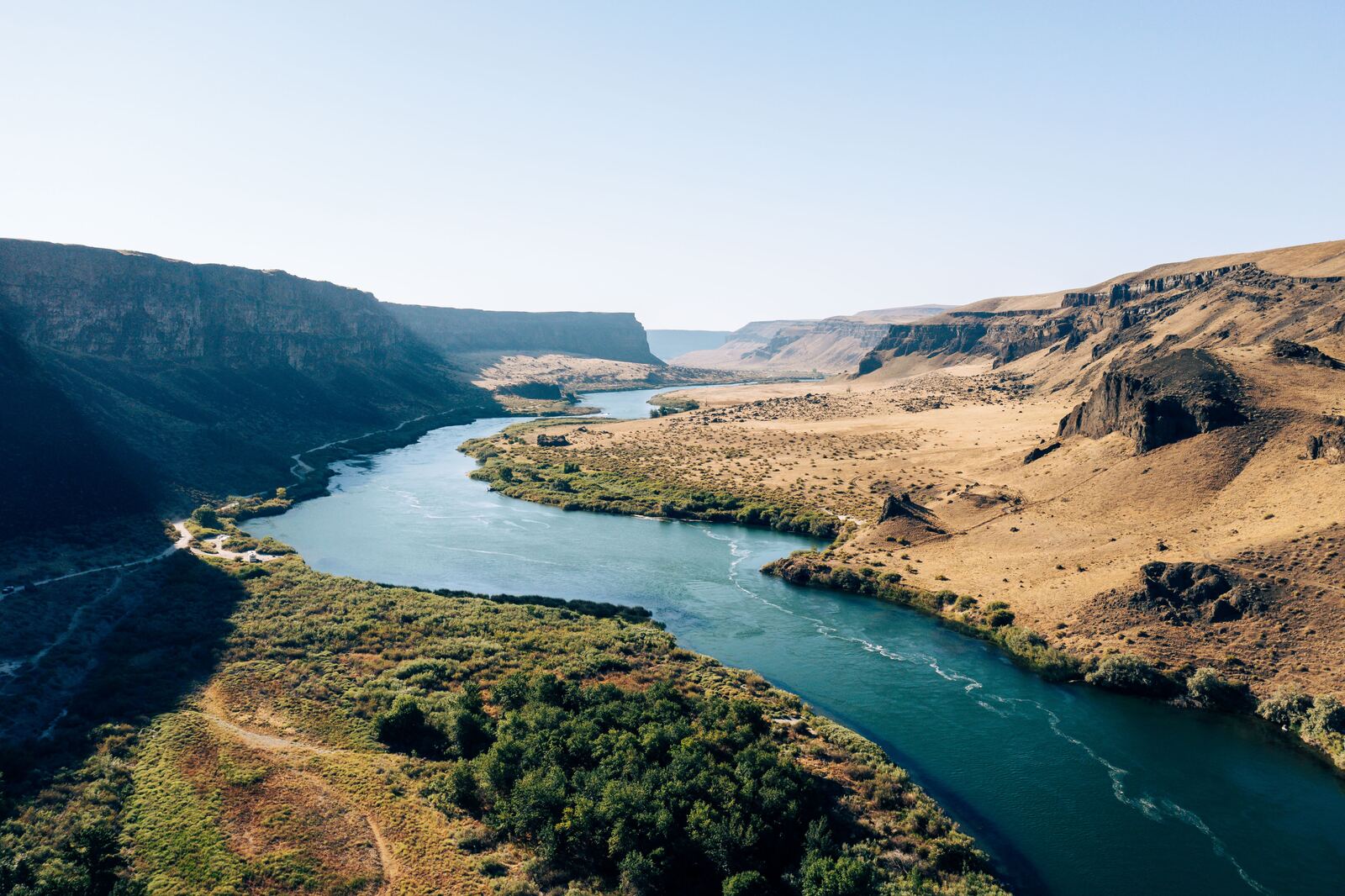 The Boise River winding through Idaho foothills
